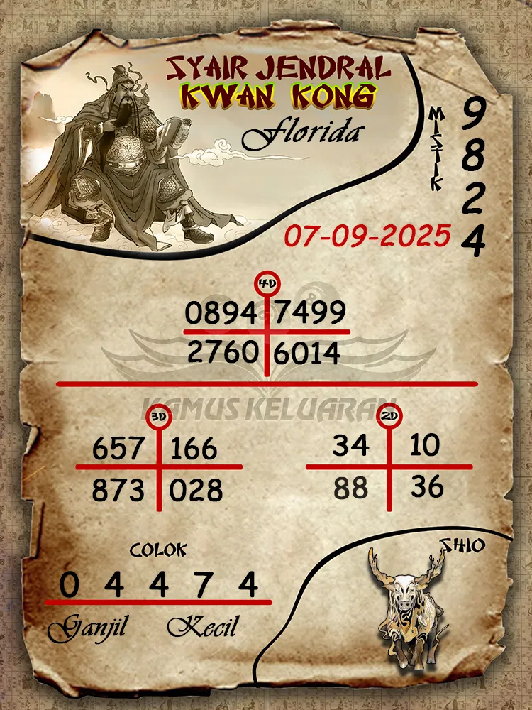 syair jendral kwan kong Florida 07 09 2025