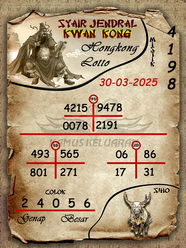 syair jendral kwan kong hongkong lotto 30 03 2025