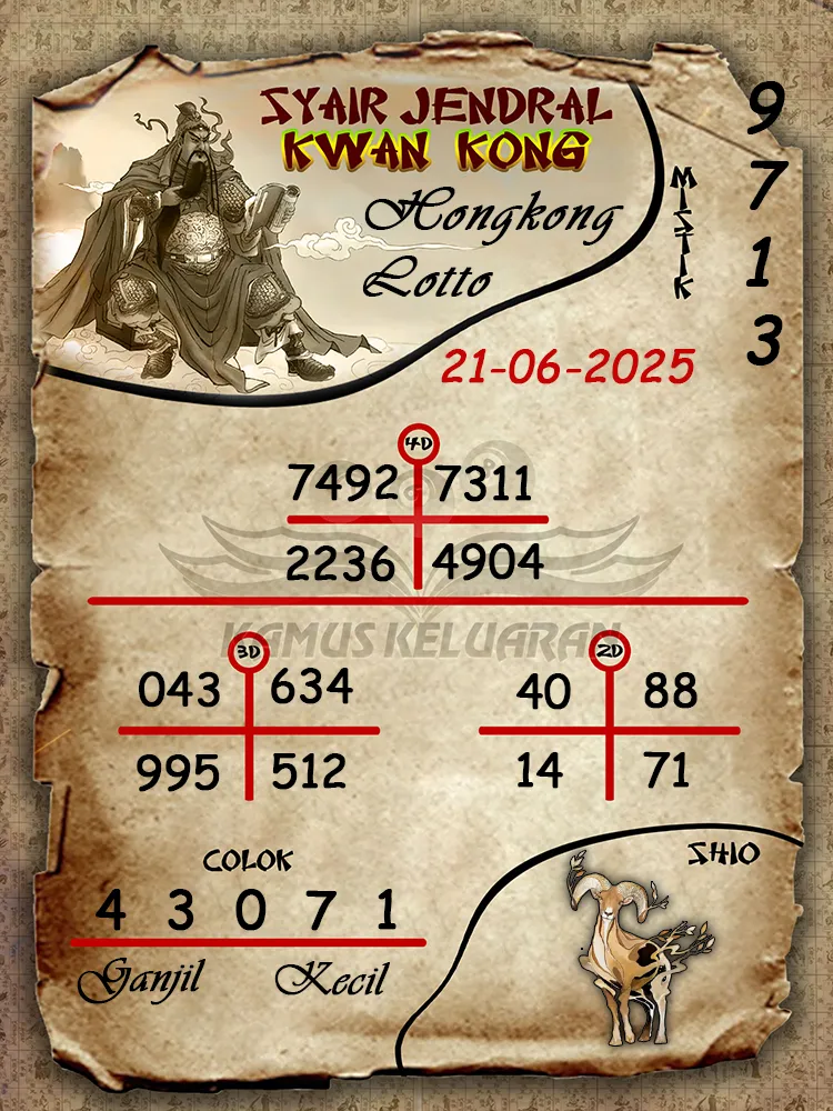 syair jendral kwan kong hongkong lotto 21 06 2025