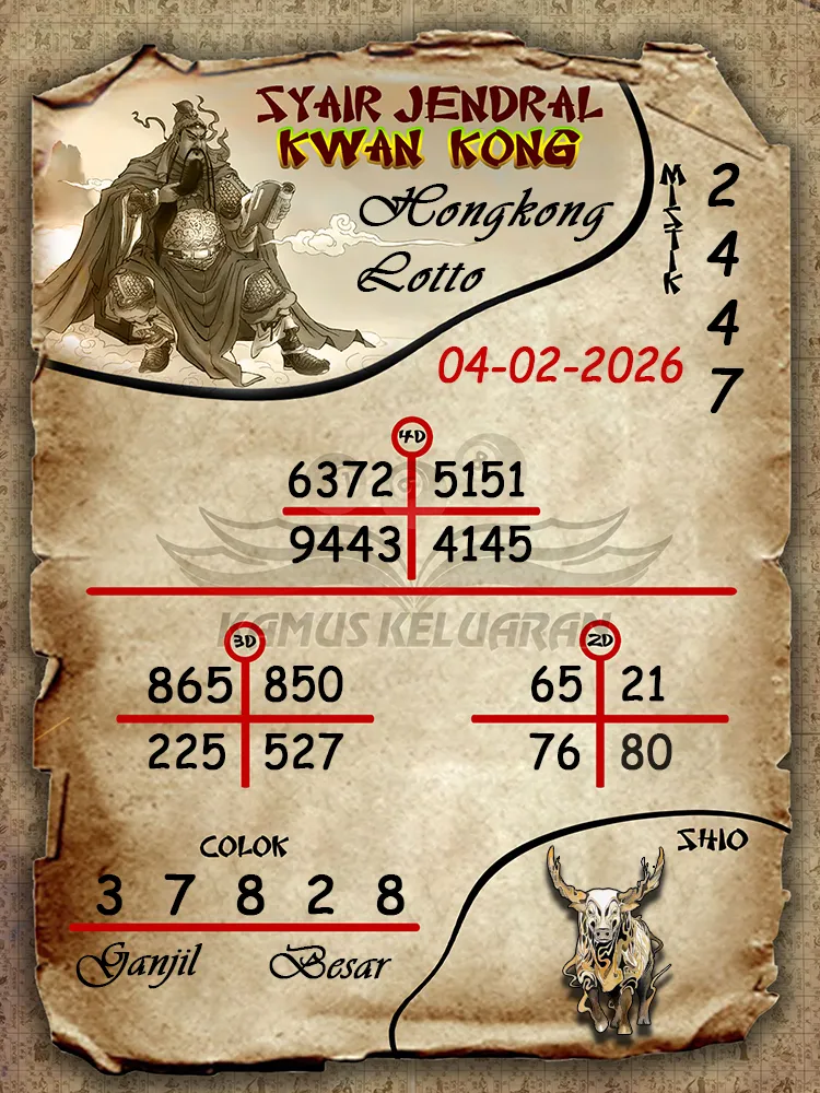 Syair Jendral Kwan Kong Hongkong Lotto 04 02 2026