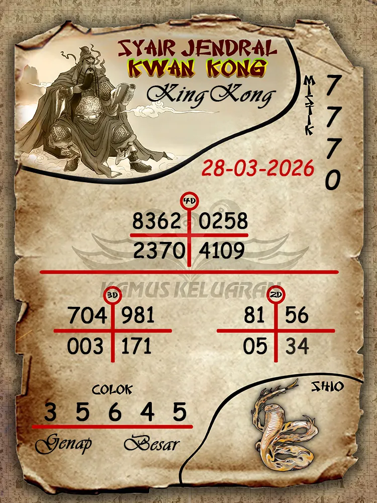 Syair Jendral Kwan Kong KingKong 28 03 2026