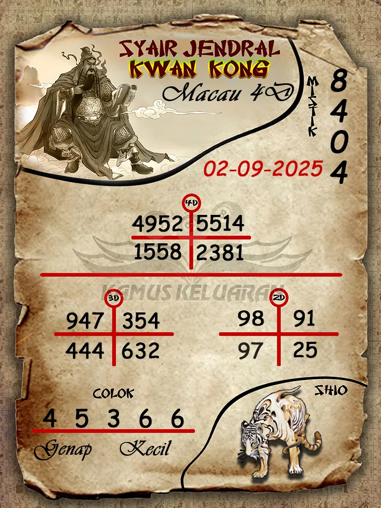 syair jendral kwan kong Toto Macau 4D 02 09 2025