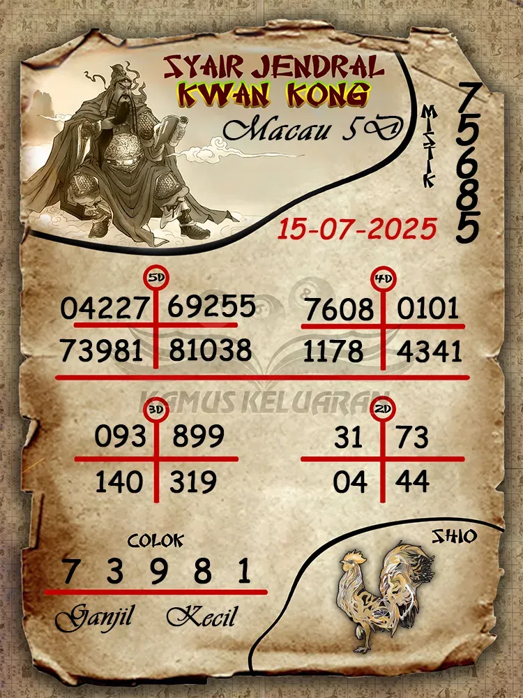 syair jendral kwan kong Toto Macau 5D 15 07 2025