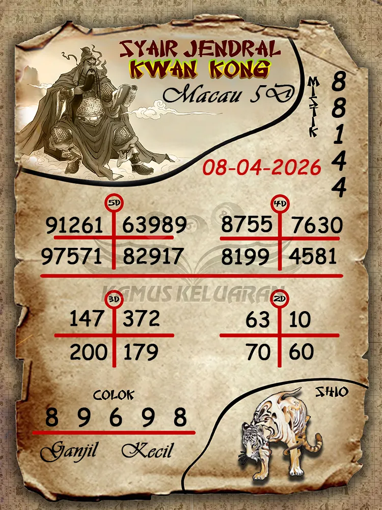 Syair Jendral Kwan Kong Toto Macau 5D 08 04 2026