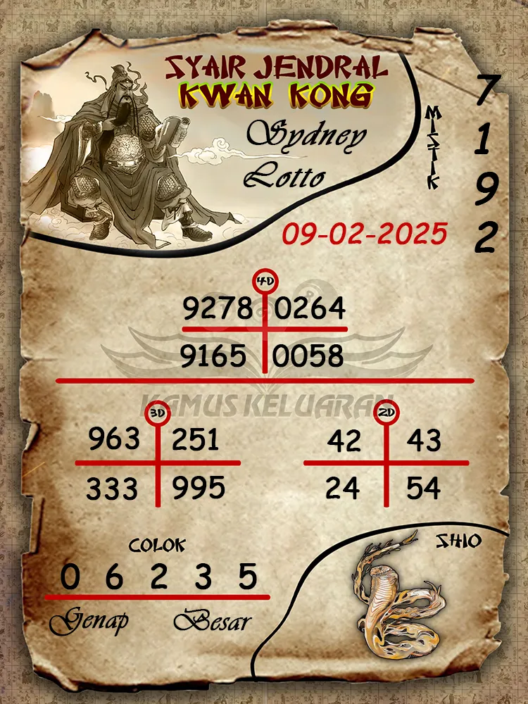 syair jendral kwan kong sydney lotto 09 02 2025