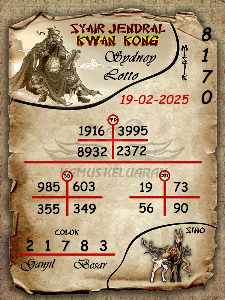 syair jendral kwan kong sydney lotto 19 02 2025