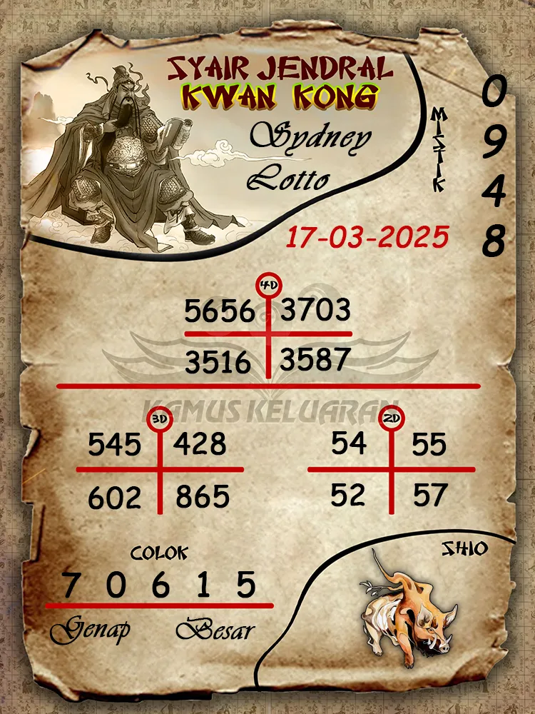 syair jendral kwan kong sydney lotto 17 03 2025