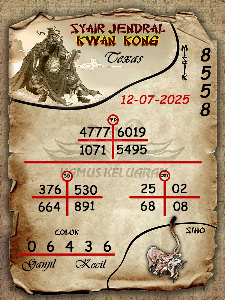 syair jendral kwan kong Texas 12 07 2025